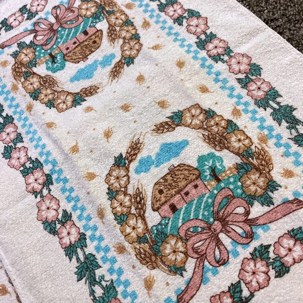 VTG CANNON Hand Kitchen‎ Towel Fringe 70s NOS Farmhouse Barn Flower Bow Wheat